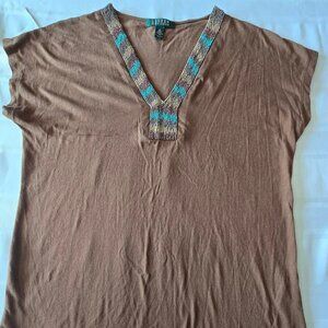 Women's Size Medium Ralph Lauren Beaded Short Sleeve V-Neck Pullover